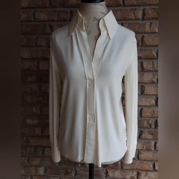 Norma Kamali Cream Pull Over V-neck Long Sleeve Blouse. - Picture 1 of 7